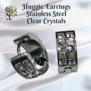 Huggie Earrings Stainless Steel 10 Clear Crystal Stones